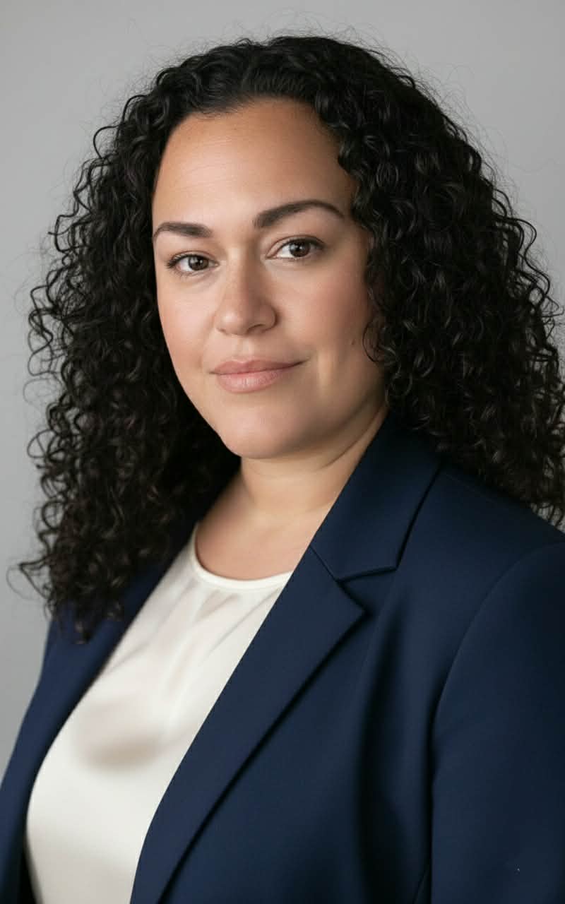 Woman with curly hair in blue blazer.